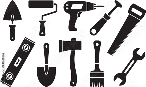 Collection of various hand tools and equipment for construction and diy projects