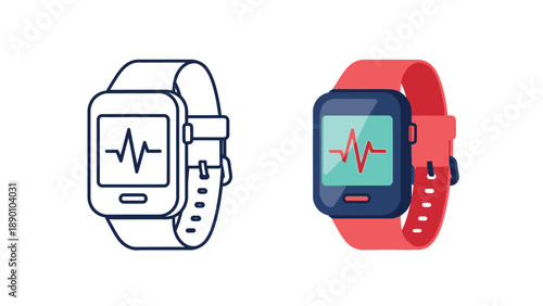 Two depictions of a modern smartwatch displaying a vital electrocardiogram heart rate monitor line signifying health tracking and fitness technology integration