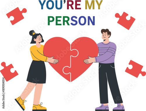 You’re my person illustration, romantic couple holding heart puzzle, love connection concept, relationship bonding, teamwork, emotional support, modern flat design