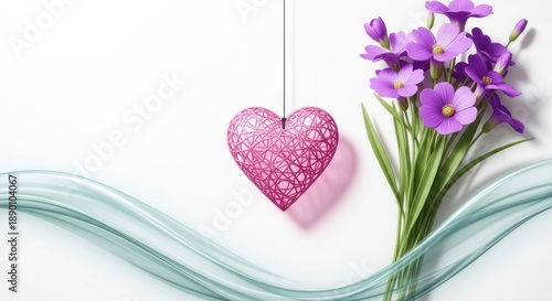 Mother's day minimal poster with pink heart and purple flowers