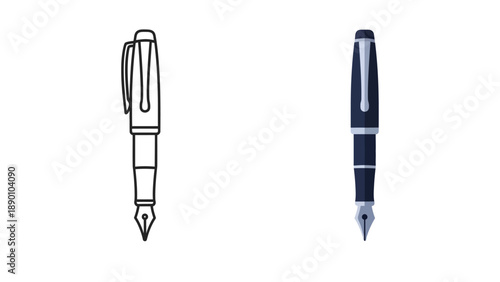 Classic fountain pen design presented in both a minimal black and white outline icon and a detailed flat color illustration ready for professional use