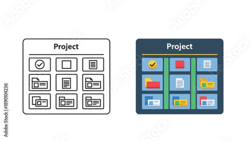 Project management interface display showing task status document organization and folder structures in both outline and filled color icon styles