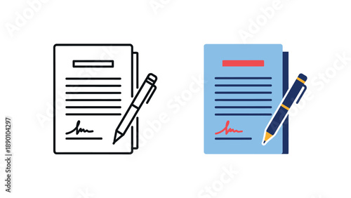 Two distinct icons depicting a formal document ready for signature showing both outline and flat design styles side by side for contract approval concepts