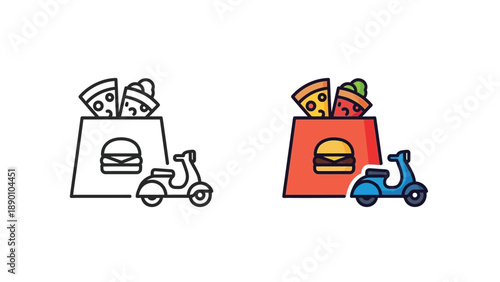 Simple and colorful icons illustrating fast food takeout delivery service utilizing a small scooter for quick transportation of pizza and burgers