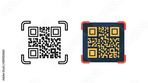 Two distinct styles of two dimensional quick response matrix barcode symbols are displayed side by side for easy comparison and scanning reference