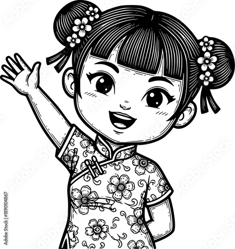 Cute Girl Wearing Traditional Chinese Dress Waving Hand Line Art Illustration for Lunar New Year Greeting Card, Poster, Coloring Page and Decoration