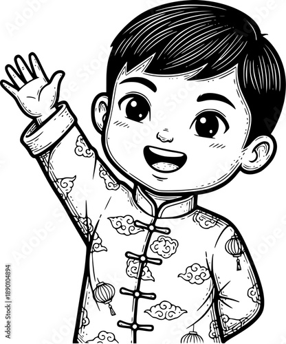 Smiling Boy Wearing Traditional Chinese Outfit Waving Hand Line Art Illustration for Lunar New Year Greeting Card, Poster, Coloring Page and Decoration
