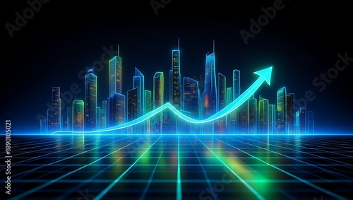Wallpaper Mural Futuristic cityscape with neon lights and upward trending graph Torontodigital.ca