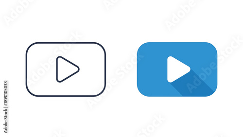Collection of two distinct media play button icons one featuring a simple black outline and the other showcasing a vibrant blue flat design with a long shadow effect