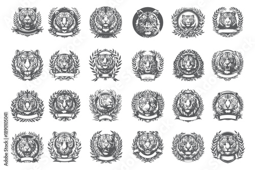Minimalist Black and White Tiger Portraits, Jungle Cat Clipart