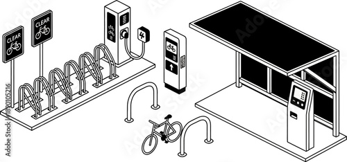 a black and white drawing of a gas station with a bicycle