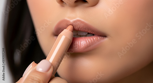 Close-up of a person applying lip liner with a pencil in a beauty routine at home during daytime for makeup