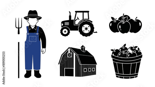 farmer and farm equipment illustrations in black and white