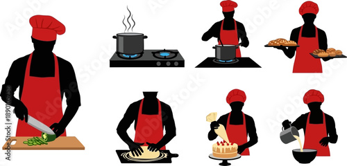 Culinary silhouettes chefs preparing food with various cooking tools and dishes