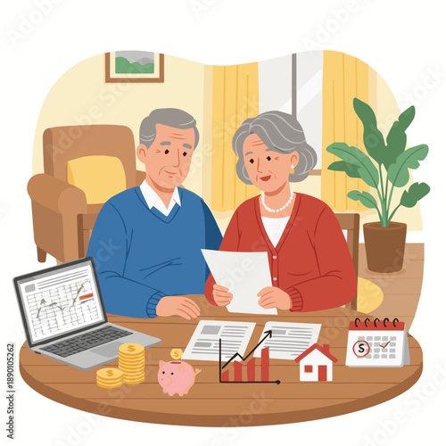 Elderly couple reviewing financial documents together at home with laptop and papers on table