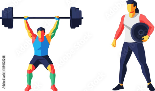 A geometric illustration depicting a weightlifter and a person with a plate