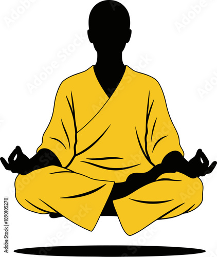 A silhouette of a person meditating in the lotus position on a yellow background