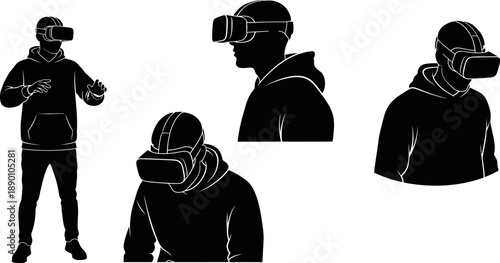 Silhouettes of people experiencing virtual reality with vr headsets and hoodies