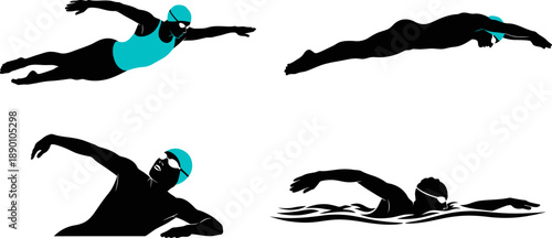 Silhouettes of swimmers in freestyle motion showcasing different stroke phases