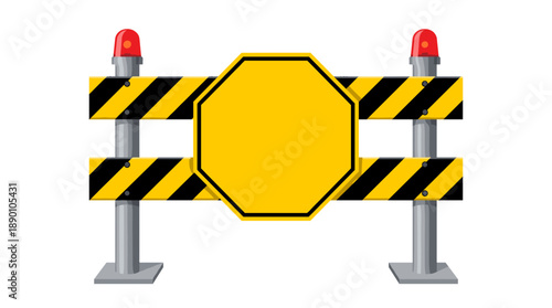 A yellow road barrier with an octagon sign, and two red lights, suggesting construction or road closure