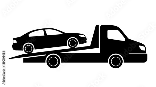 Tow truck carrying a black car, symbolizing roadside assistance and vehicle recovery