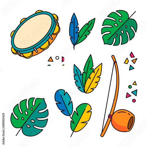 Collection of musical instrument and leaves illustrations in colorful designs