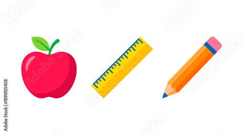 A bright illustration of a red apple, ruler, and a pencil.