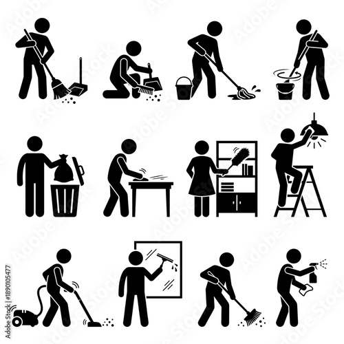 Diverse illustrations showcasing various cleaning activities. A person sweeps with a broom, removes dust, mops the floor, washes dishes, and more. A visual guide for maintaining a clean environment