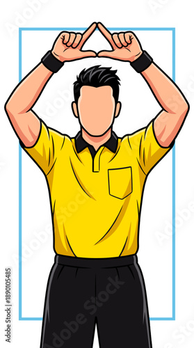 A referee demonstrating the offside signal with his hands, wearing a yellow shirt and black shorts.