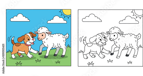 Cute cartoon dog and sheep playing together in green field, happy puppy meeting lamb friend under sunny sky, vector illustration for kids.