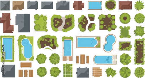 Aerial view of various building rooftops trees and water features