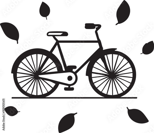 Black and white bicycle vector with falling leaves - illustration, graphic design element eps silhouette