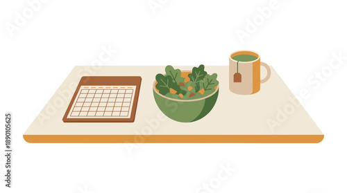 A healthy breakfast consisting of a bowl of salad, a cup of tea, and a calendar on a table