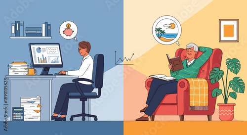 Contrast between working years and retirement dreams, showcasing saving for future adventures, ideal for financial planning and retirement resources