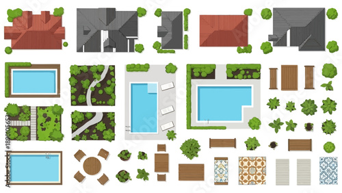 Aerial view of various house roofs gardens pools and landscaping elements