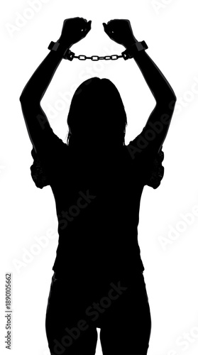 Silhouette of a person with handcuffs raised overhead, representing themes of confinement and freedom