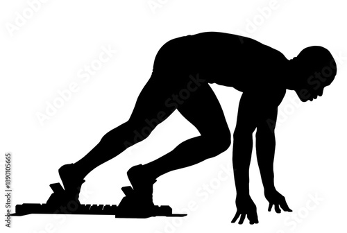 A silhouetted sprinter poised at the starting block, ready to race. The image conveys energy, anticipation, and the thrill of competition. 