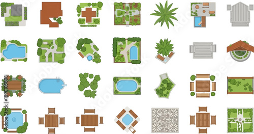 Overhead view of pixel art landscape elements gardens pools and structures