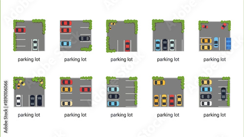 aerial view of various parking lot configurations with different colored cars