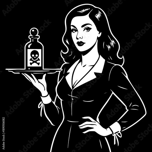 Poison Waitress: Retro woman serving a bottle marked with a skull.