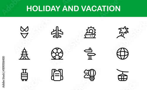 Holiday Vacation Line Icon Set – Modern Minimal Outline Icons for Travel, Beach, Summer, and Relaxation Themes