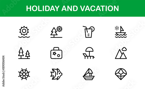 Holiday Vacation Line Icon Set – Modern Minimal Outline Icons for Travel, Beach, Summer, and Relaxation Themes