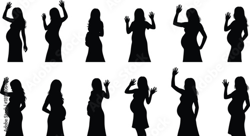 Silhouettes of pregnant women with raised hands in various poses pregnancy black and white