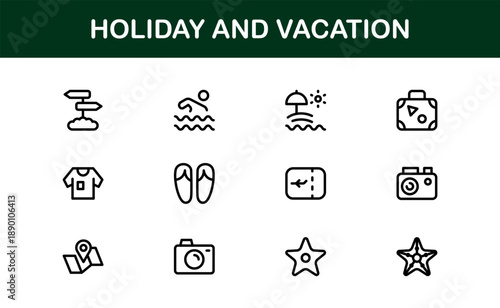 Holiday Vacation Line Icon Set – Modern Minimal Outline Icons for Travel, Beach, Summer, and Relaxation Themes