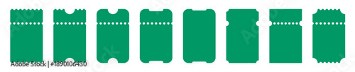 Set of green ticket mockups with ruffle edges and shadows. Small vertical empty templates. Concert, movie or theater ticket. Boarding blank, lottery, sale coupon