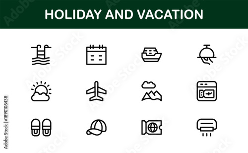 Holiday Vacation Line Icon Set – Modern Minimal Outline Icons for Travel, Beach, Summer, and Relaxation Themes