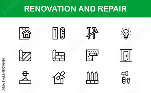 Professional Renovation Line Icon Set – Modern, minimal vector icons for home repair, construction, and tools in a clean outline collection.