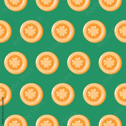 Golden coins embossed with shamrocks create a wealthy and lucky pattern. Ideal for festive wrapping paper or St Patricks Day backgrounds.