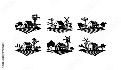 Rural Farmhouse and Windmill Illustrations
