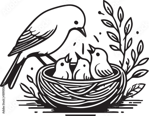 Bird nest vector: mother bird feeding baby birds clipart, black and white illustration eps silhouette